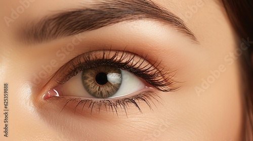 Eye, vision and beauty with a model woman closeup in studio on a beige background for eyecare or skincare. Zoom, cosmetics and wellness with a female posing to show her eyelash with generative ai
