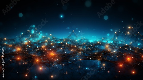 An abstract network background with bokeh blurs and glowing lights. Generative AI. 