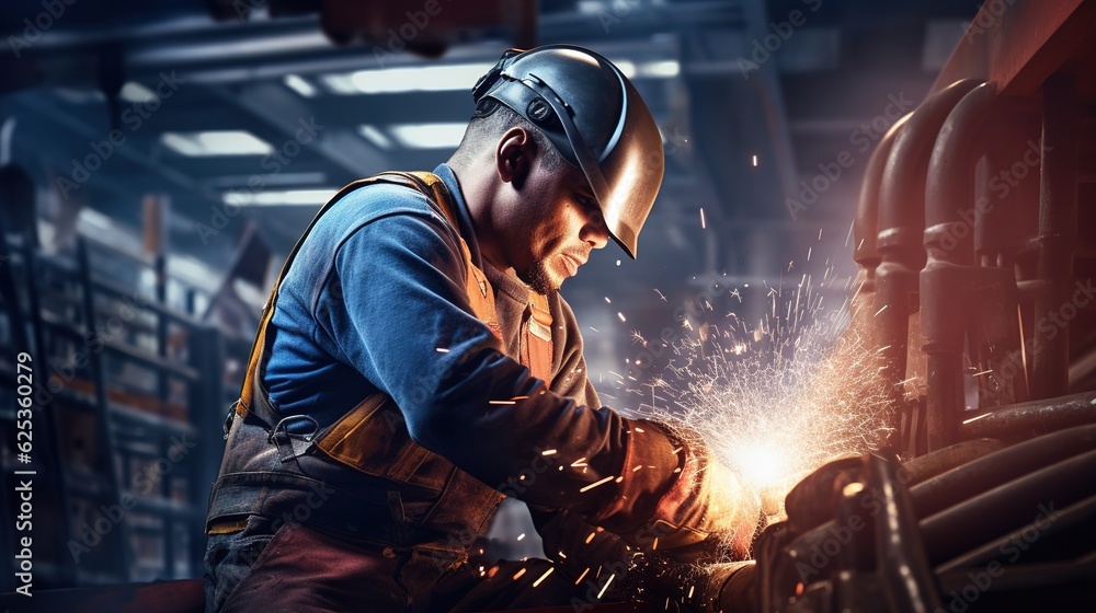 Industrial worker in manufacturing plant grinding to finish a pipeline with generative ai Industrial worker in manufacturing plant grinding to finish a pipeline with generative ai