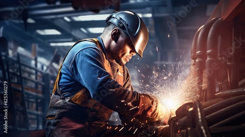 Fotografie, Obraz Industrial worker in manufacturing plant grinding to finish a pipeline with gene