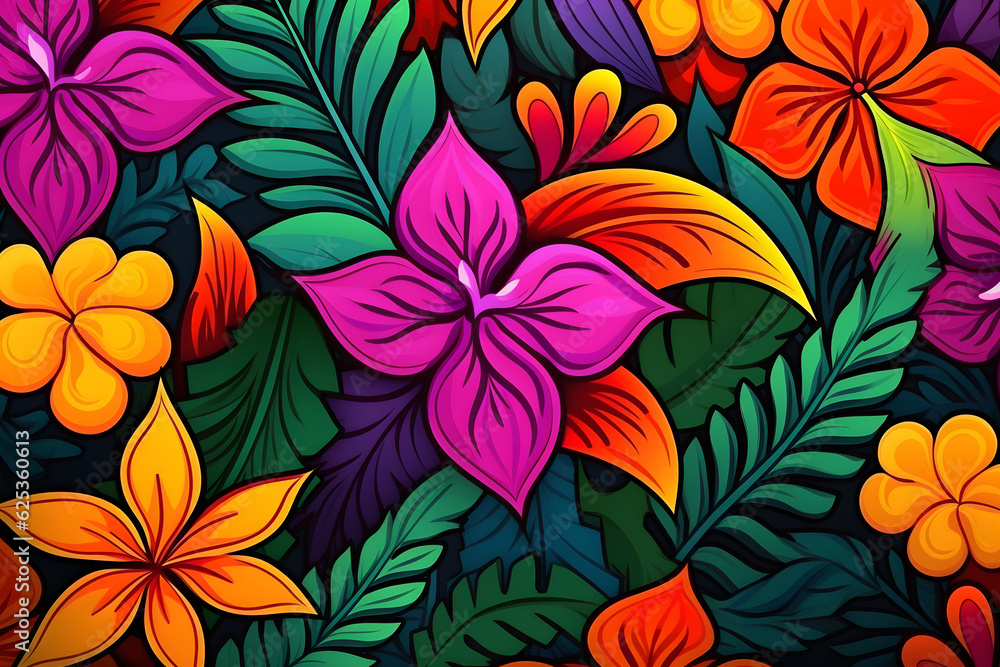 Exotic bright floral pattern illustration. Vibrant colors of various leaves and flowers background. Multicolor wild wallpaper created with Generative AI