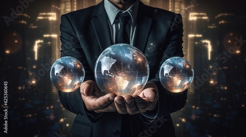 Multiple exposure shot of businessman holding a globe in his cupped hands with generative ai