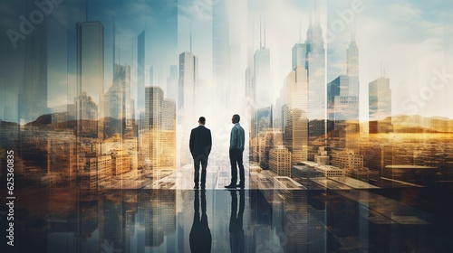 Multiple exposure shot of two architects in a building superimposed on a cityscape with generative ai