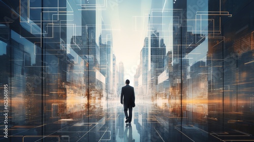 Multiple exposure shot of young engineer walking through a digitally generated urban scene with generative ai