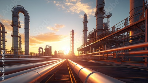 Gas Pipeline and pipe rack of petroleum industrial plant with sunset sky background with generative ai