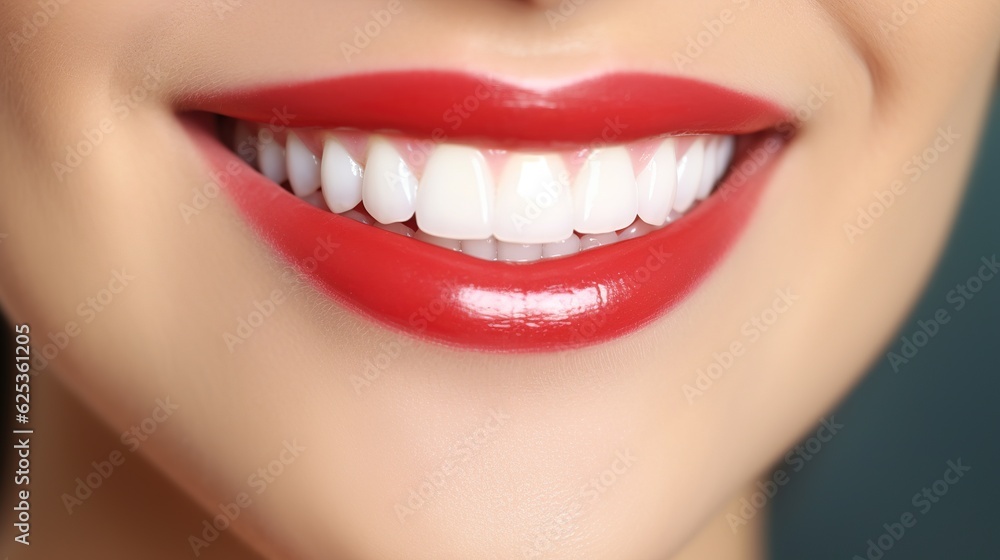 Naklejka premium Skincare, teeth and woman face, beauty and natural dental veneers in studio background. Oral health, healthcare or woman model happy mouth with clean teeth hygiene with generative ai