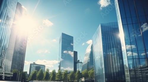 Skyscraper glass facades on a bright sunny day with sunbeams in the blue sky. Modern buildings with generative ai