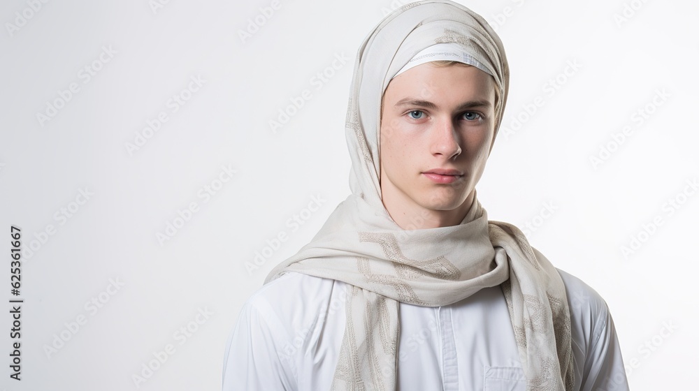 young man dressed in Islamic traditional clothing posing against a at white background with generative ai young man dressed in Islamic traditional clothing posing against a at white background with generative ai