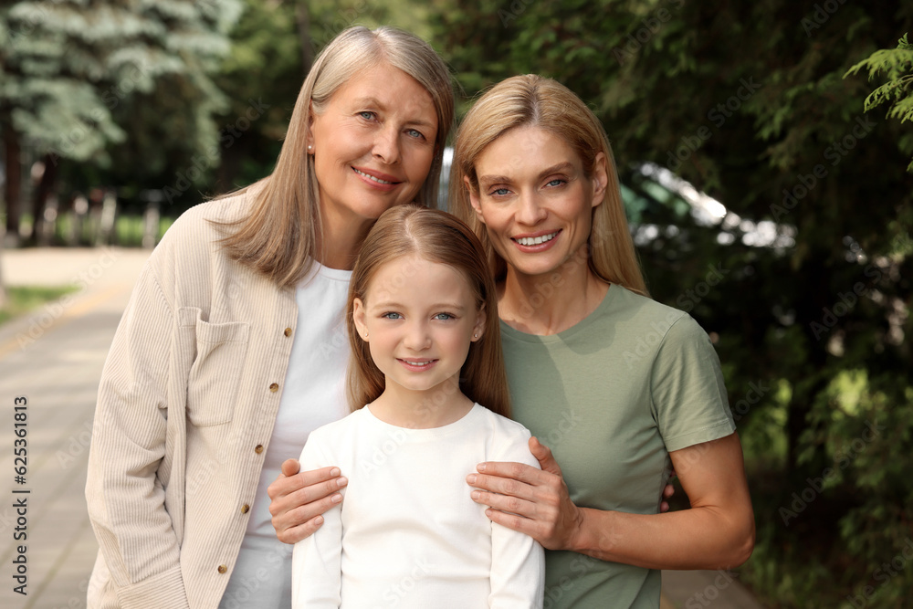 Three generations. Happy grandmother, her daughter and granddaughter outdoors Three generations. Happy grandmother, her daughter and granddaughter outdoors