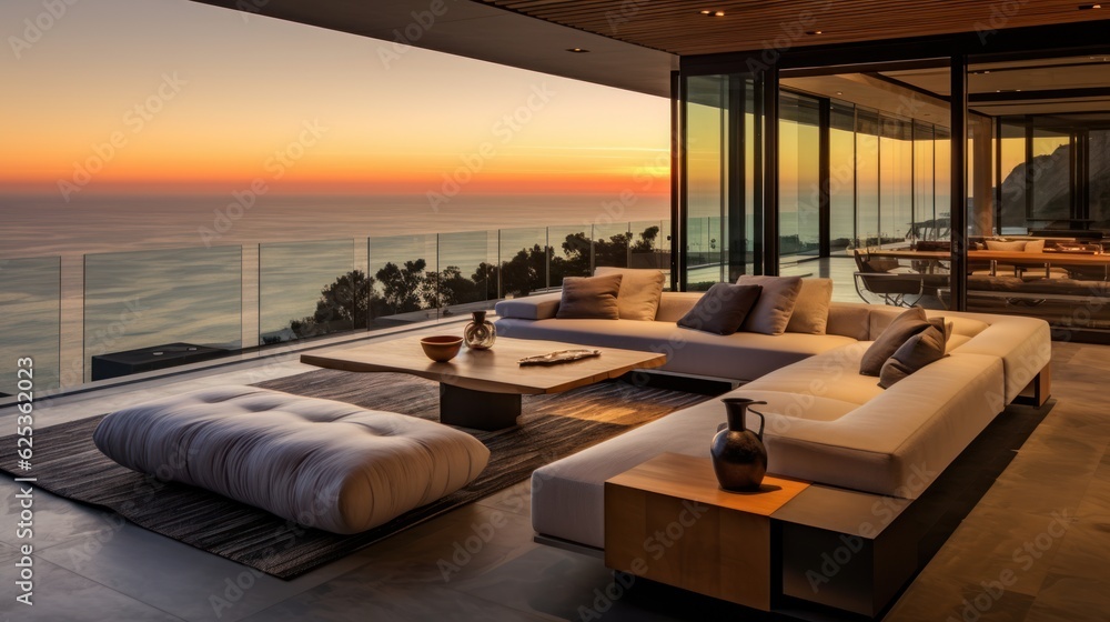 Contemporary villa with floor to ceiling windows offering breathtaking views of the ocean in Malibu, California