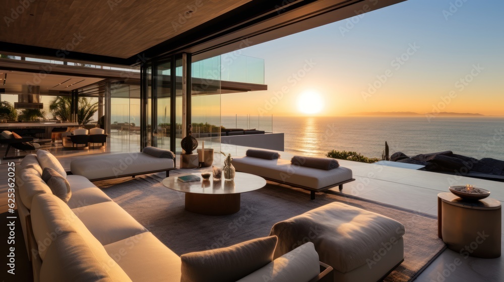 Contemporary villa with floor to ceiling windows offering breathtaking views of the ocean in Malibu, California Contemporary villa with floor to ceiling windows offering breathtaking views of the ocean in Malibu, California