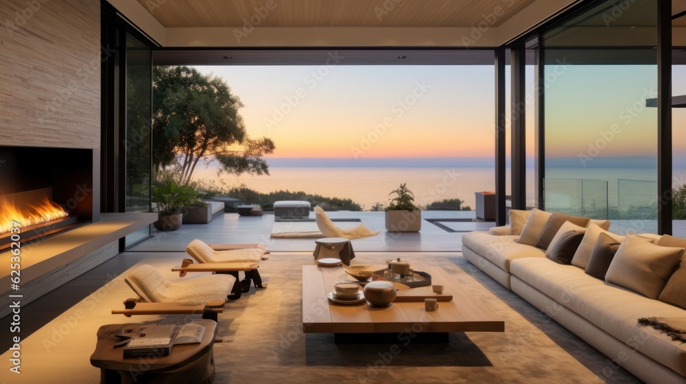 Contemporary villa with floor to ceiling windows offering breathtaking views of the ocean in Malibu, California