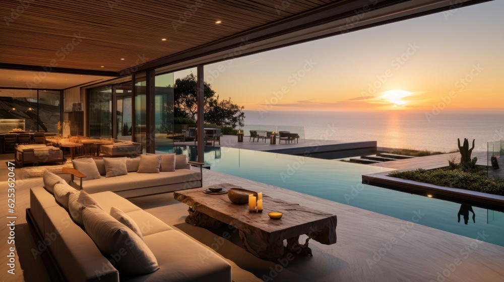 Contemporary villa with floor to ceiling windows offering breathtaking views of the ocean in Malibu, California