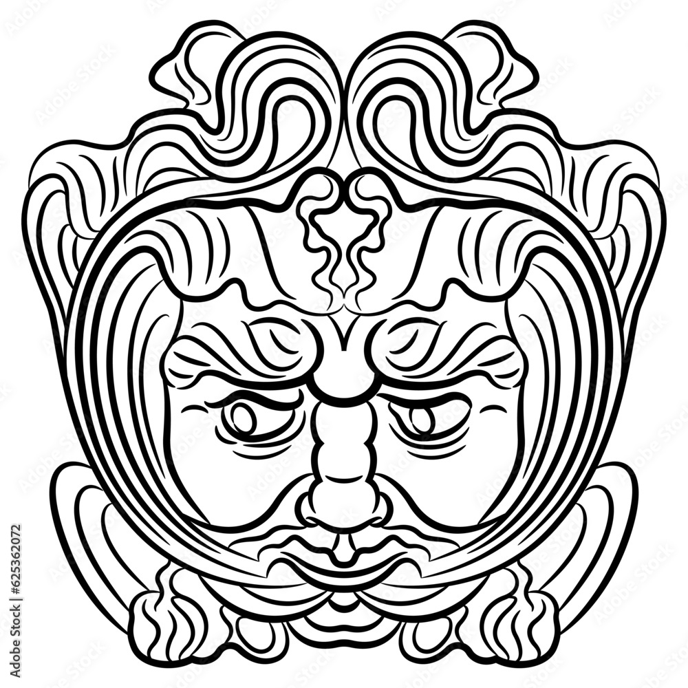 Obraz premium Mask of Green Man from Augsburg, Germany. Medieval Celtic motif. Foliate head of pagan god of nature and vegetation. Black and white linear silhouette.