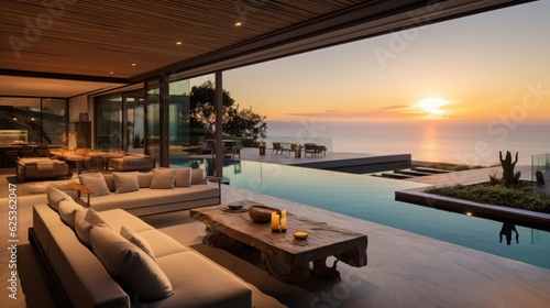 Contemporary villa with floor to ceiling windows offering breathtaking views of the ocean in Malibu  California