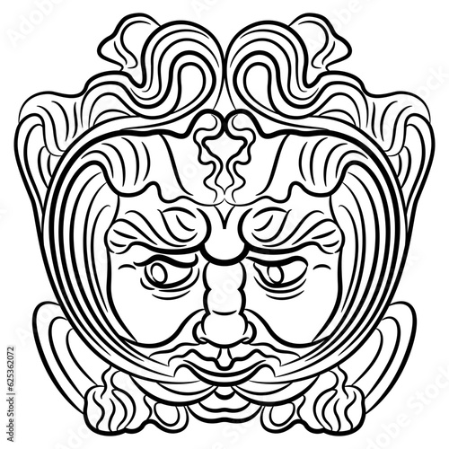 Mask of Green Man from Augsburg, Germany. Medieval Celtic motif. Foliate head of pagan god of nature and vegetation. Black and white linear silhouette.