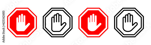 Stop icon set illustration. stop road sign. hand stop sign and symbol. Do not enter stop red sign with hand