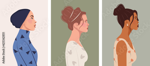 Set of diverse female face portraits of different ethnicity, hairstyles and ages. diversity. Women's empowerment movement. Vector flat illustration, banner or poster. Avatars for social networks.