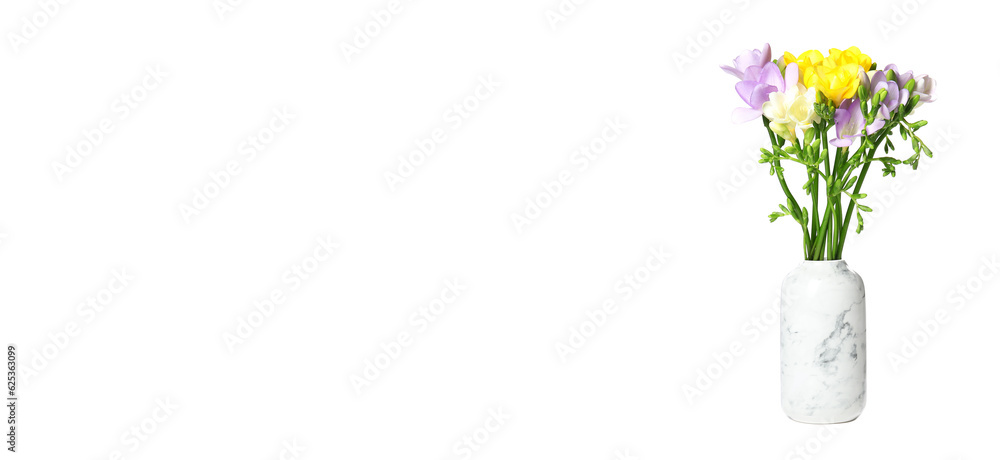 Stylish vase with beautiful freesia flowers on white background. Banner design Stylish vase with beautiful freesia flowers on white background. Banner design