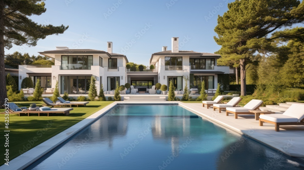 Obraz premium Mediterranean inspired villa with a sprawling garden and a private beach access in the exclusive Hamptons, New York