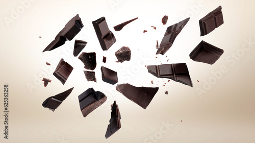 Broken chocolate bar pieces falling on beige background, banner design