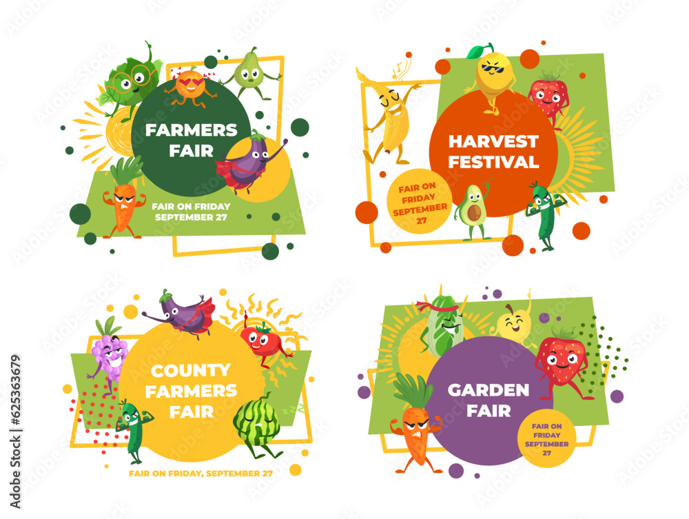 Farmers fair poster advertising promo with funny harvest vegetables characters set vector flat
