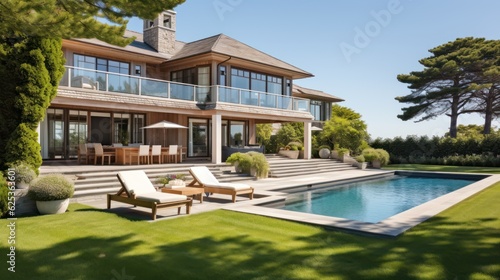Mediterranean inspired villa with a sprawling garden and a private beach access in the exclusive Hamptons  New York