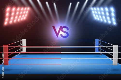 Boxing match banner empty fighting ring with VS and spotlight championship arena realistic vector