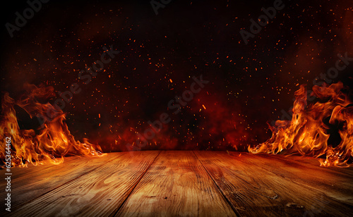 wooden table with Fire burning at the edge of the table, fire particles, sparks, and smoke in the air, with fire flames on a dark background to display products 