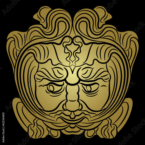 Mask of Green Man from Augsburg, Germany. Medieval Celtic motif. Foliate head of pagan god of nature and vegetation. Black and gold silhouette. Art Nouveau style.