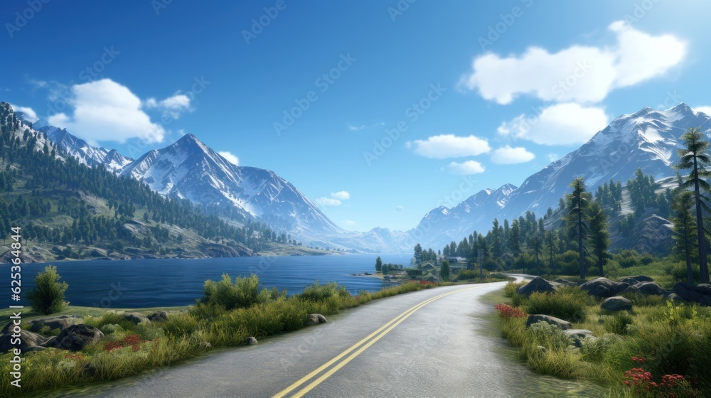 Mountains lake highway with beautiful views game art Mountains lake highway with beautiful views game art