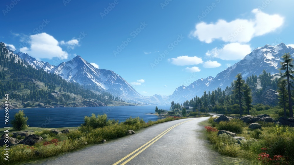 Mountains lake highway with beautiful views game art