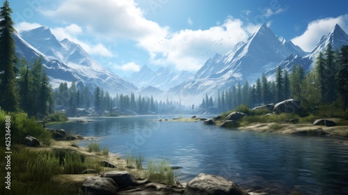 Mountains lake highway with beautiful views game art