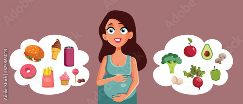 Pregnant Woman Choosing Between Healthy and Unhealthy Diet Vector Cartoon. Mother to be deciding what to eat as sack during pregnancy 
