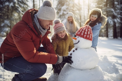 photo of a happy family playing in snow and building a snowman. parents with their children in winter outside in the nature. Generative AI