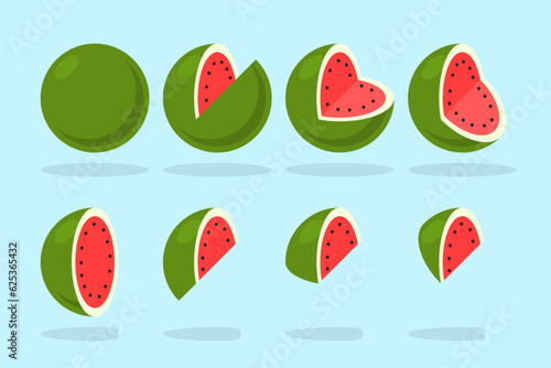 Watermelon cut in different stages of animation