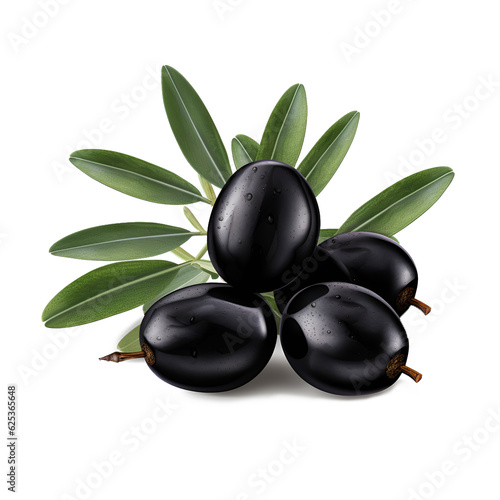 Black olives with leaves isolated on transparent or white background  png