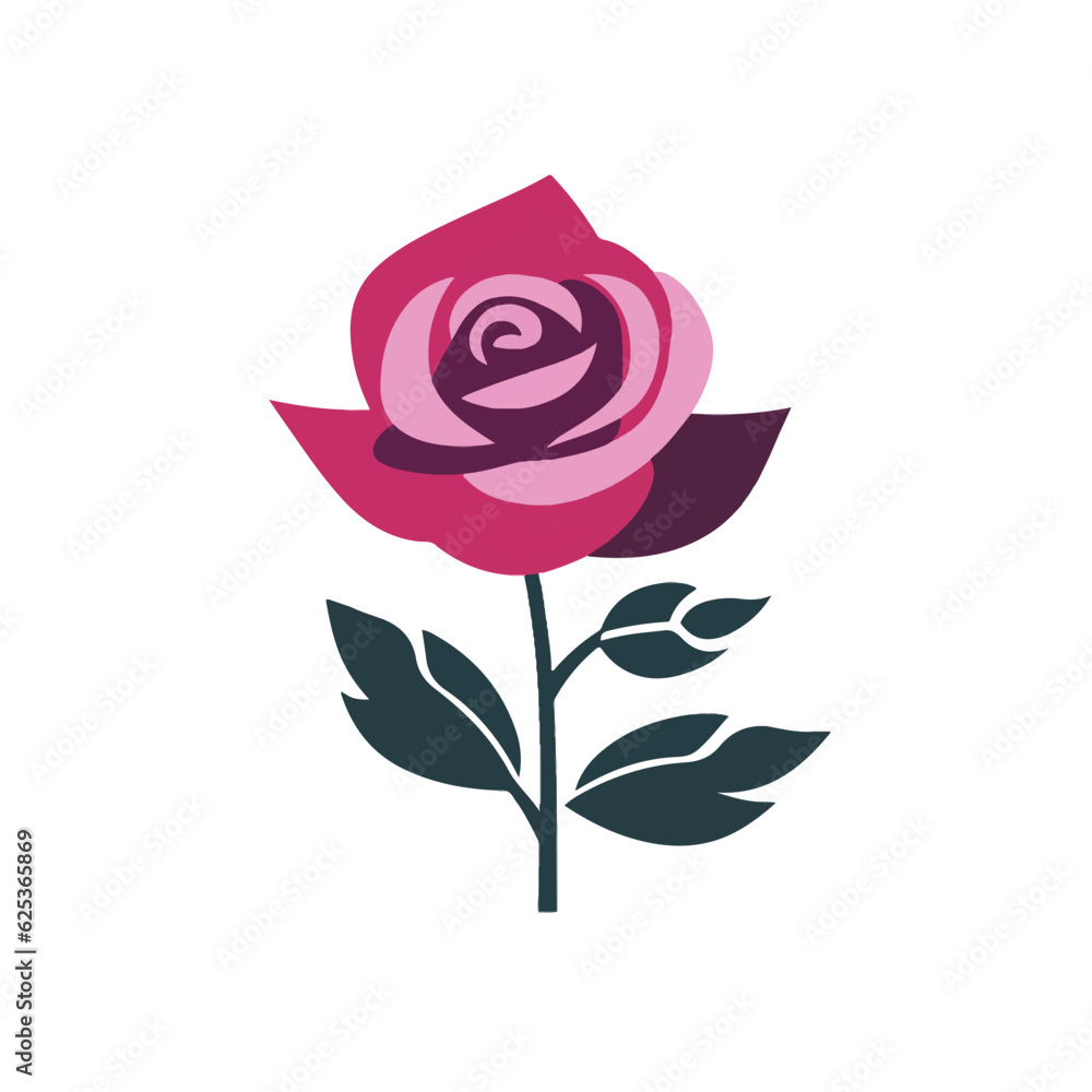 A vibrant pink rose with lush green leaves set against a clean white background A vibrant pink rose with lush green leaves set against a clean white background