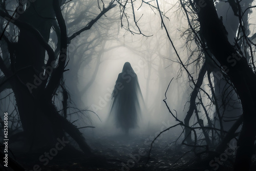 Ghost silhouette in the dark scary woods, Halloween illustration, ai generated