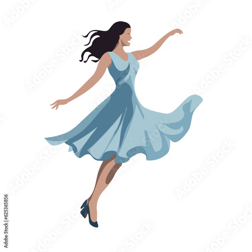 A woman gracefully dancing in a vibrant blue dress