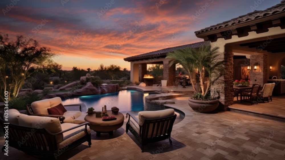 Obraz premium Tuscan style villa in the serene and upscale community of Scottsdale, Arizona, complete with a private courtyard and a spa