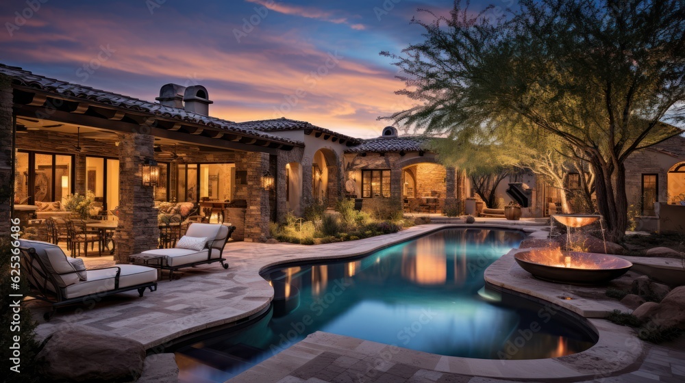 Tuscan style villa in the serene and upscale community of Scottsdale, Arizona, complete with a private courtyard and a spa - obrazy, fototapety, plakaty 