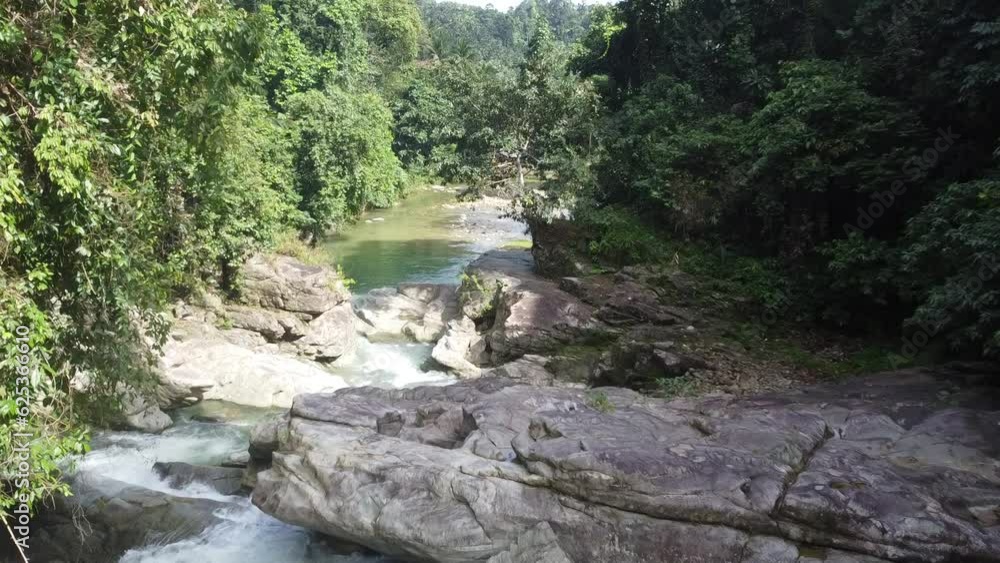 Mountain river and waterfalls. Flight over the bed of a mountain river and cascading waterfalls in the jungle. The flow of water passes over stones and rocks in the midst of a tropical rainforest. Mountain river and waterfalls. Flight over the bed of a mountain river and cascading waterfalls in the jungle. The flow of water passes over stones and rocks in the midst of a tropical rainforest.
