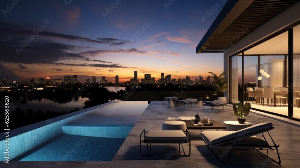 Fototapeta premium Modern villa with a private rooftop infinity pool overlooking the Miami skyline in Florida