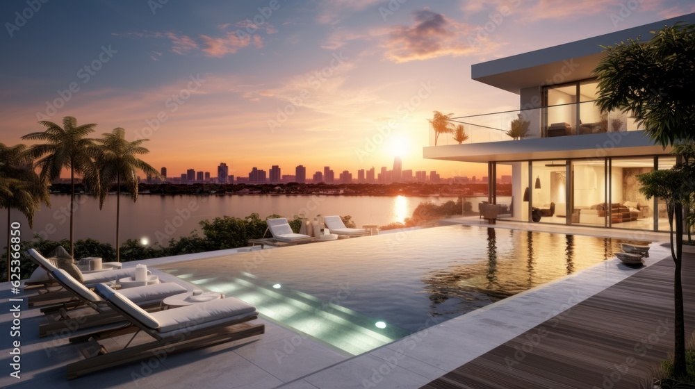Fototapeta premium Modern villa with a private rooftop infinity pool overlooking the Miami skyline in Florida