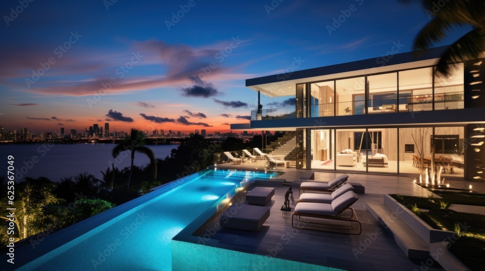 Modern villa with a private rooftop infinity pool overlooking the Miami skyline in Florida Modern villa with a private rooftop infinity pool overlooking the Miami skyline in Florida