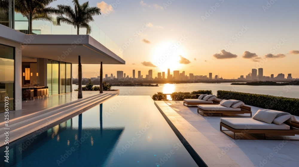 Fototapeta premium Modern villa with a private rooftop infinity pool overlooking the Miami skyline in Florida