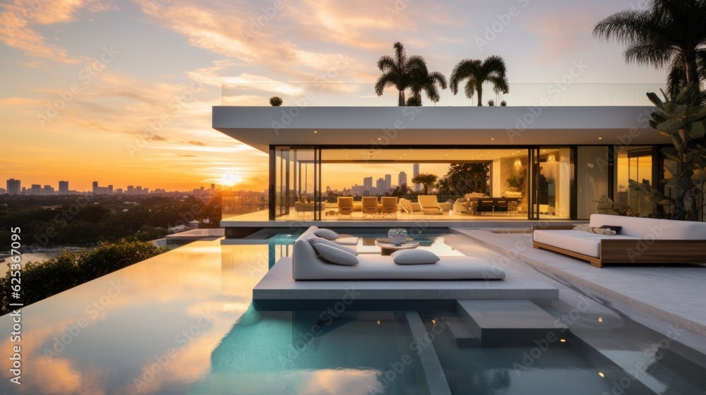 Fototapeta premium Modern villa with a private rooftop infinity pool overlooking the Miami skyline in Florida