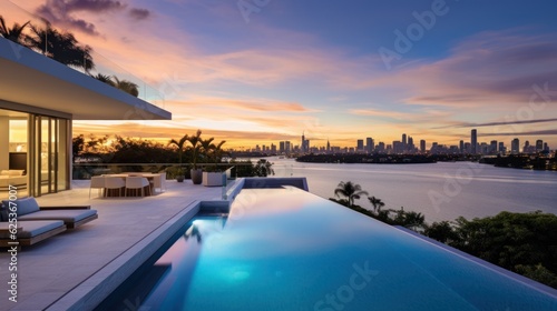 Modern villa with a private rooftop infinity pool overlooking the Miami skyline in Florida