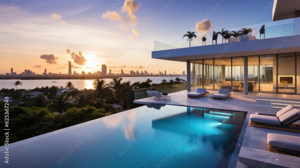 Fototapeta premium Modern villa with a private rooftop infinity pool overlooking the Miami skyline in Florida